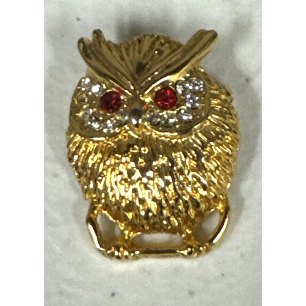 Vintage Owl Brooch Costume Jewelery Red Eyes gemstone Animal Gold Tone 1.25 inch